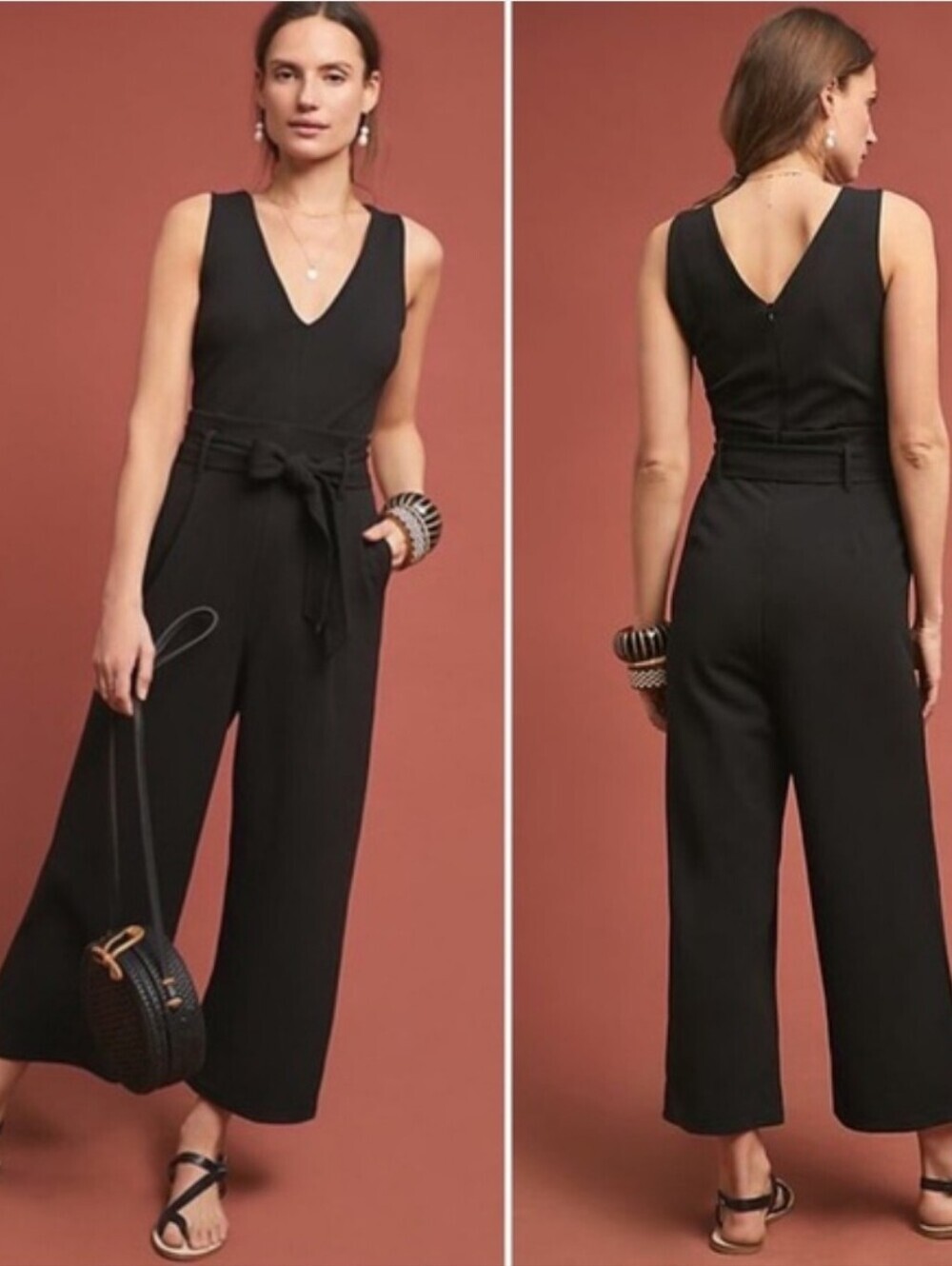 Anthropologie Cathy Black V-Neck Tie Waist Jumpsuit Small Chic Minimalist